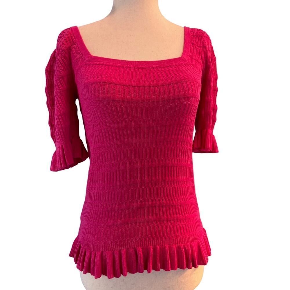 ADAM LIPPES Collective Knit Top Short Sleeve Ruffle Trim Cotton Viscose PINK S
